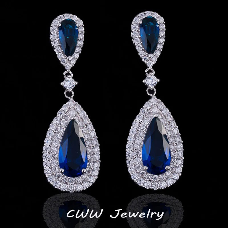 CWWZircons CZ Stone Water Drop Long Royal Earrings