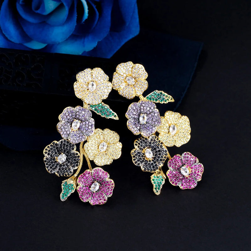 CZ Cluster Flower Long Drop Earrings