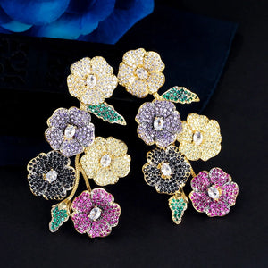 CZ Cluster Flower Long Drop Earrings