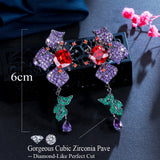 CWWZircons Flower Leaf Drop Purple Red CZ Long Earrings for Women