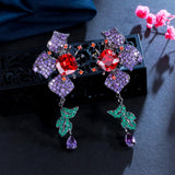CWWZircons Flower Leaf Drop Purple Red CZ Long Earrings for Women