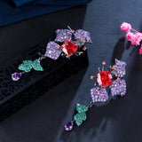 CWWZircons Flower Leaf Drop Purple Red CZ Long Earrings for Women