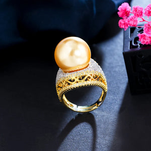CWWZircons Big Pearl Rings Vintage African Dubai Plated Party Wedding Jewelry