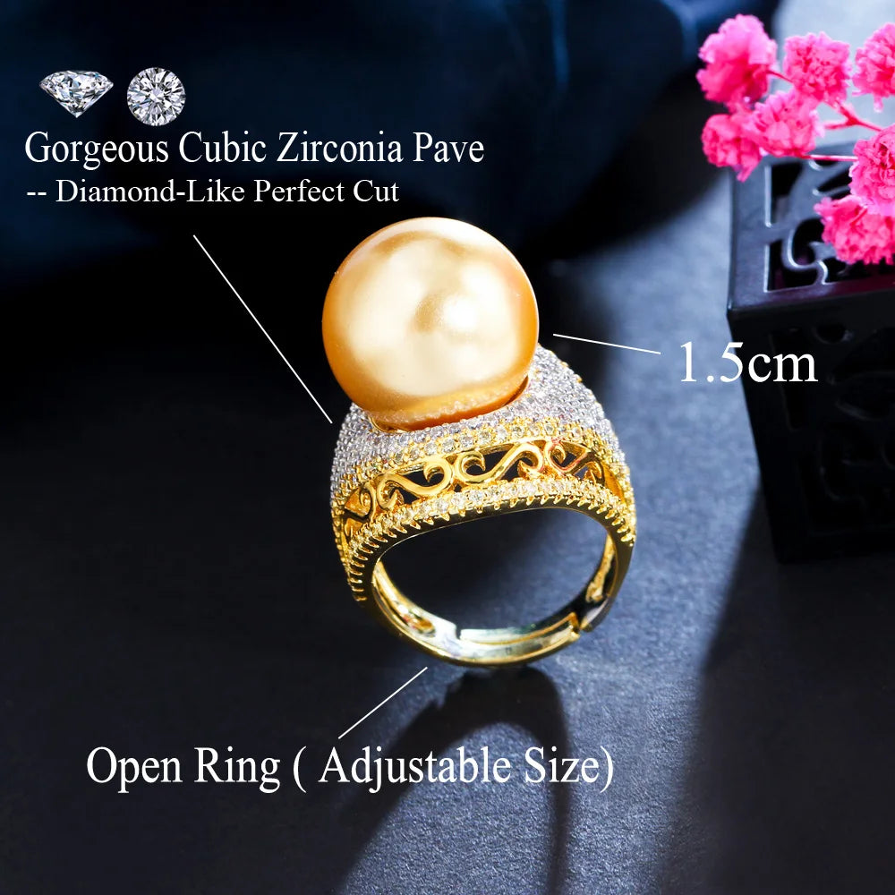 CWWZircons Big Pearl Rings Vintage African Dubai Plated Party Wedding Jewelry