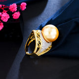 CWWZircons Big Pearl Rings Vintage African Dubai Plated Party Wedding Jewelry