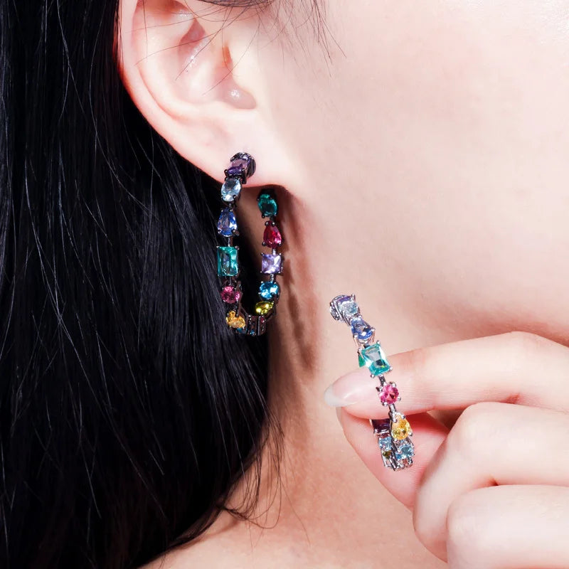 CWWZircons CZ Hoop Earrings MultiColored Crystal Big Round Ear Jewelry