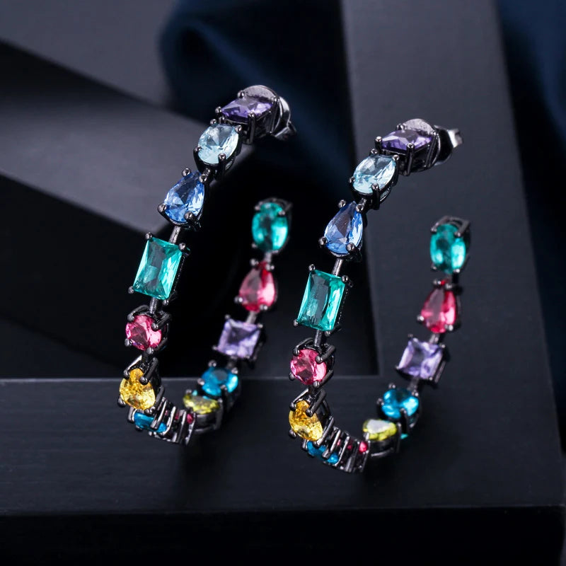CWWZircons CZ Hoop Earrings MultiColored Crystal Big Round Ear Jewelry