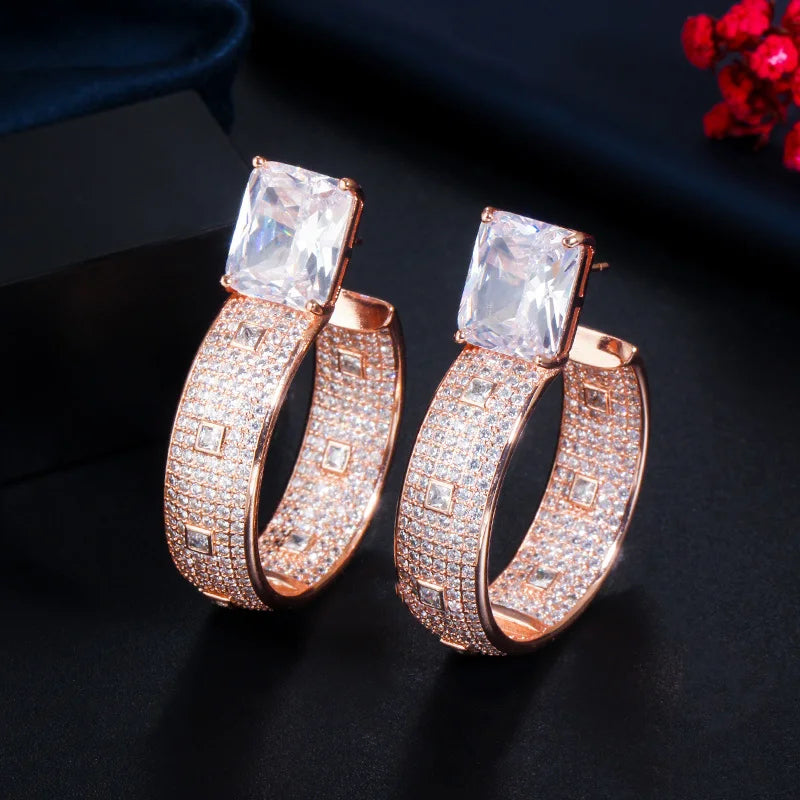 CZ Pave Circle Round 585 Rose Plated Big Hoop Earring CZ721