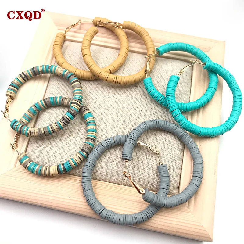 Vintage Polymer Clay Loop Earrings for Women - 50mm Round Circle Jewelry