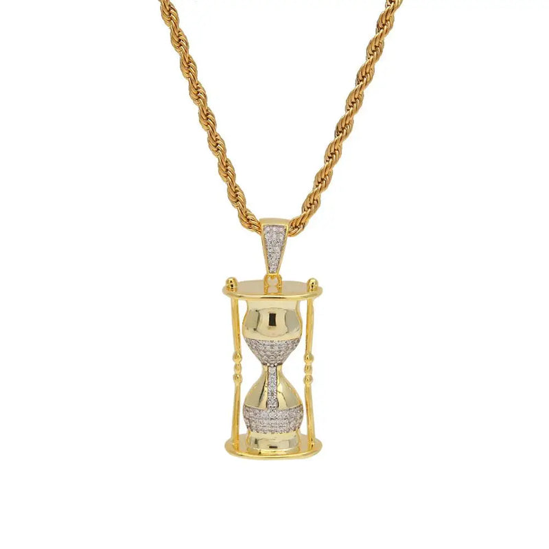 Hourglass Pattern Pendant Necklace CZ Hip Hop Iced Out Jewelry Men Women