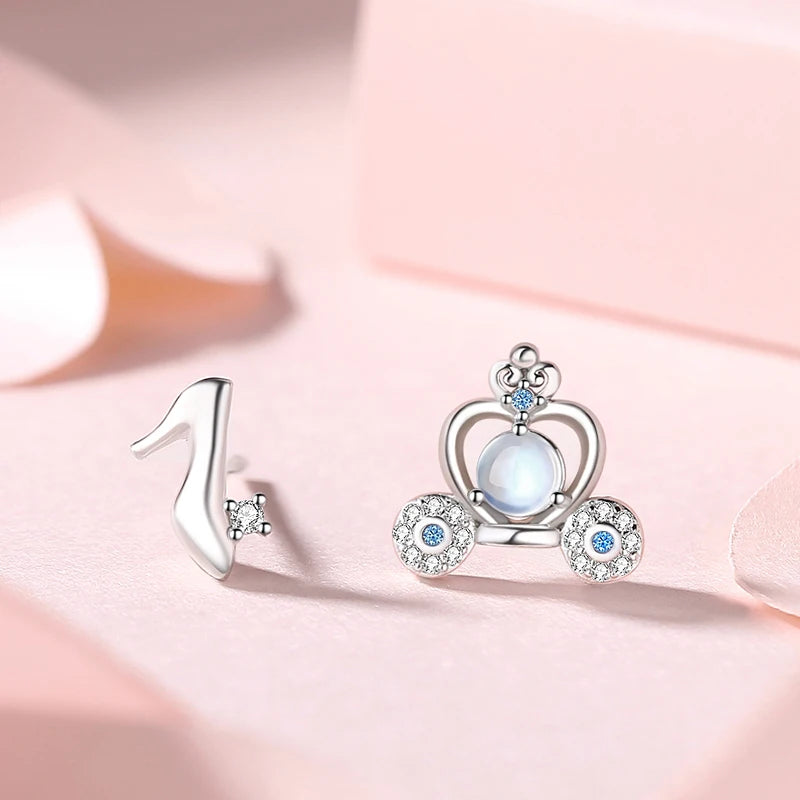 S925 Sterling Silver Stud Earrings Crystal Shoe Pumpkin Car for Women