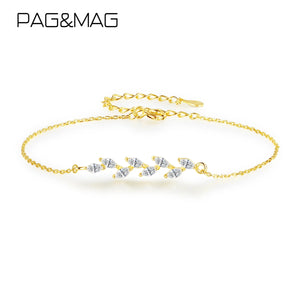 925 Silver Leaf CZ Chain Bracelet Women Jewelry