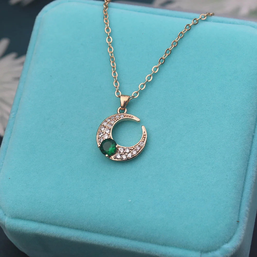 Moon Crystal Pendant Necklace CZ Stone Zircon Crescent Vintage Jewelry