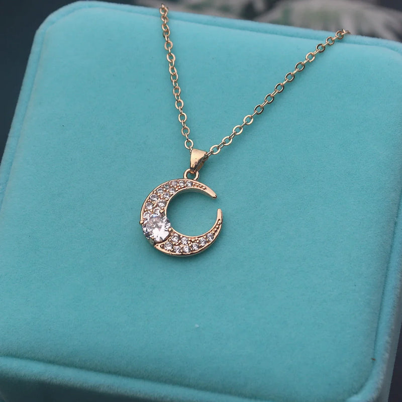 Moon Crystal Pendant Necklace CZ Stone Zircon Crescent Vintage Jewelry