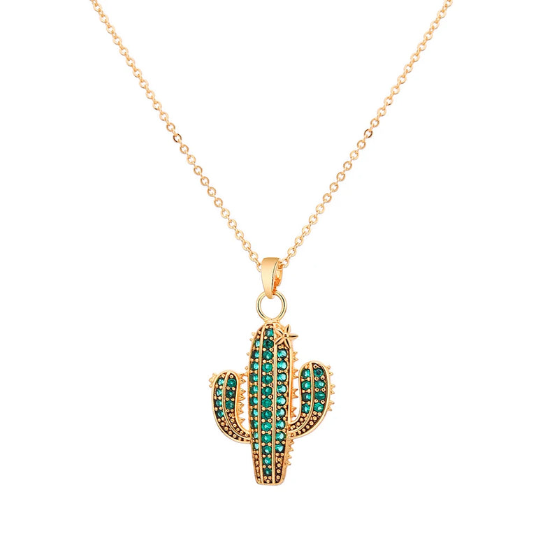 CZ Zircon Cactus Pendant Necklace Women Accessories Gift