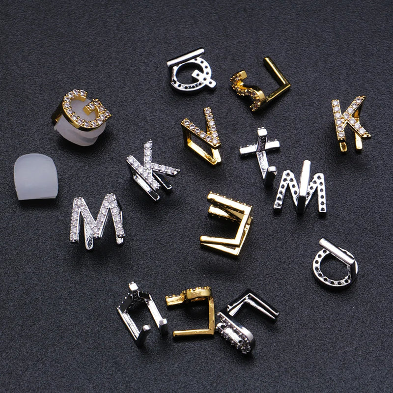 CZ Zircon Stone Pave Single Letter Teeth Grillz Men Name Grills