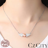 925 Silver Zircon Angel Wings Pearl Necklace Women Bridal Wedding