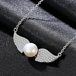 925 Silver Zircon Angel Wings Pearl Necklace Women Bridal Wedding