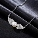 925 Silver Zircon Angel Wings Pearl Necklace Women Bridal Wedding