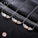 925 Silver Zircon Angel Wings Pearl Necklace Women Bridal Wedding