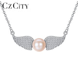925 Silver Zircon Angel Wings Pearl Necklace Women Bridal Wedding