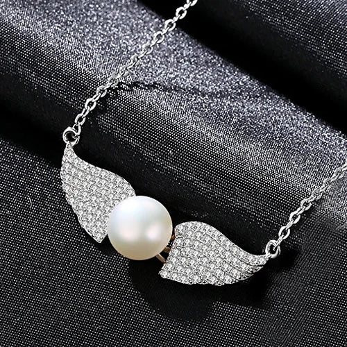 925 Silver Zircon Angel Wings Pearl Necklace Women Bridal Wedding