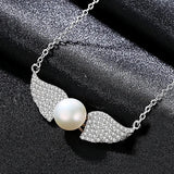 925 Silver Zircon Angel Wings Pearl Necklace Women Bridal Wedding