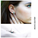 925 Silver Emerald Blue-Green Gemstone CZ Stud Earrings