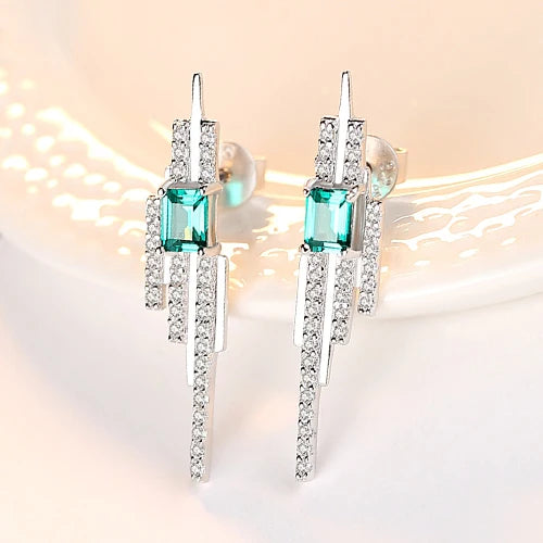 925 Silver Emerald Blue-Green Gemstone CZ Stud Earrings
