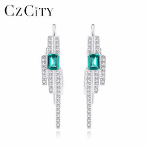 925 Silver Emerald Blue-Green Gemstone CZ Stud Earrings