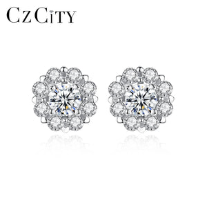 925 Silver Flower Stud Earrings Delicate Cubic Zirconia Women Earings