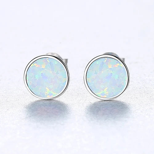 925 Silver Round Opal Stud Earrings for Women