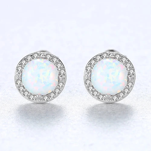 925 Silver CZ Opal Stud Earrings Delicate Wraped Round Women Jewelry