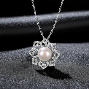 925 Sterling Silver Flower Pendant Necklace Natural Pearl Jewelry