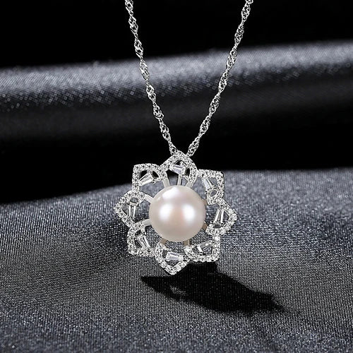 925 Sterling Silver Flower Pendant Necklace Natural Pearl Jewelry