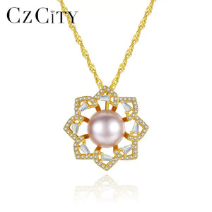 925 Sterling Silver Flower Pendant Necklace Natural Pearl Jewelry