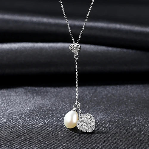 925 Sterling Silver Heart Pendant Necklace with Natural Pearl