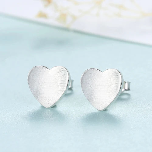 925 Silver Heart Stud Earrings Brushed Women Jewelry