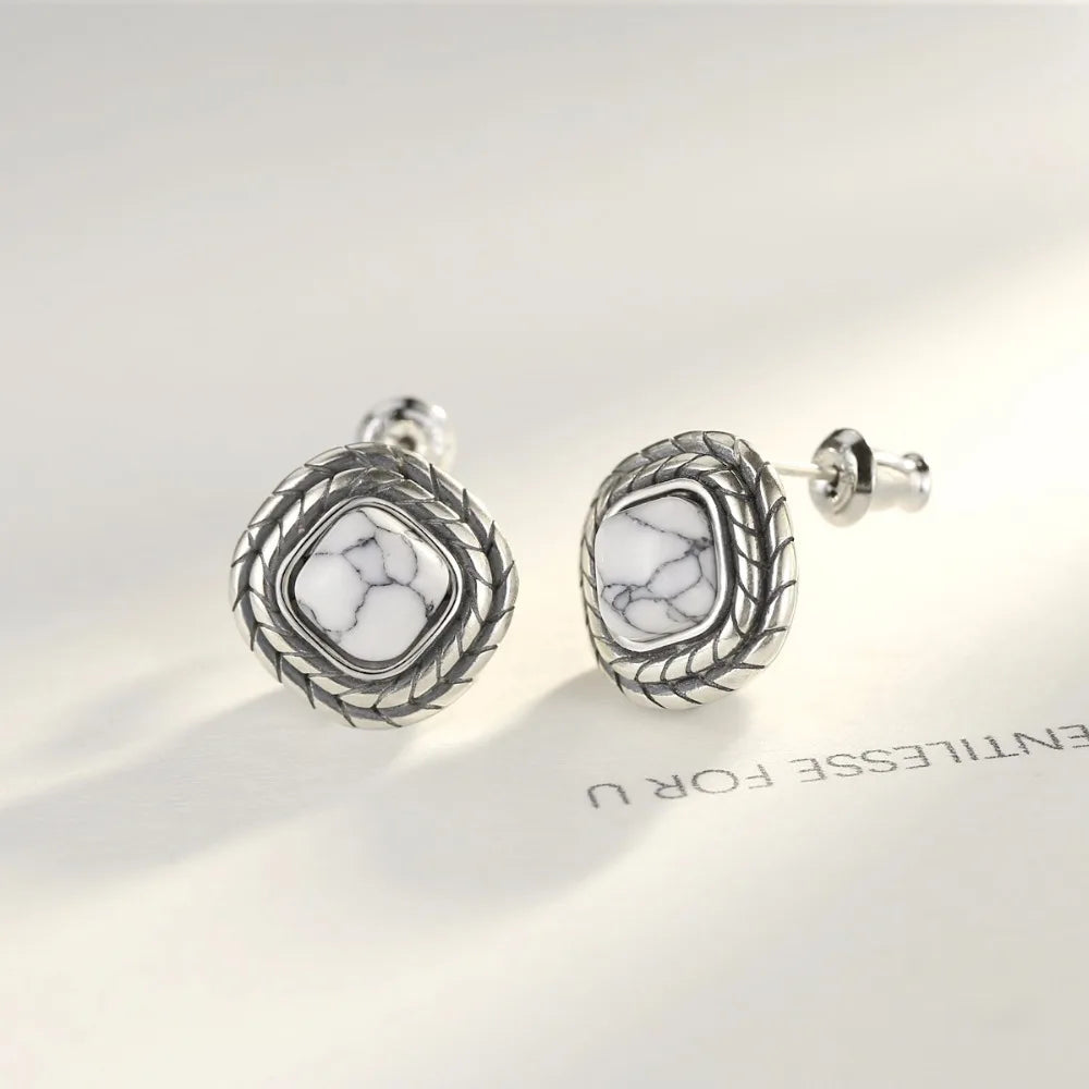 925 Silver Turquoise Stud Earrings Carving S925 Jewelry