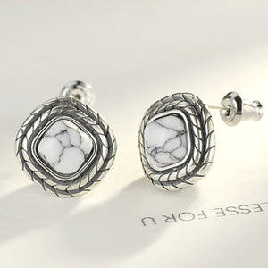 925 Silver Turquoise Stud Earrings Carving S925 Jewelry