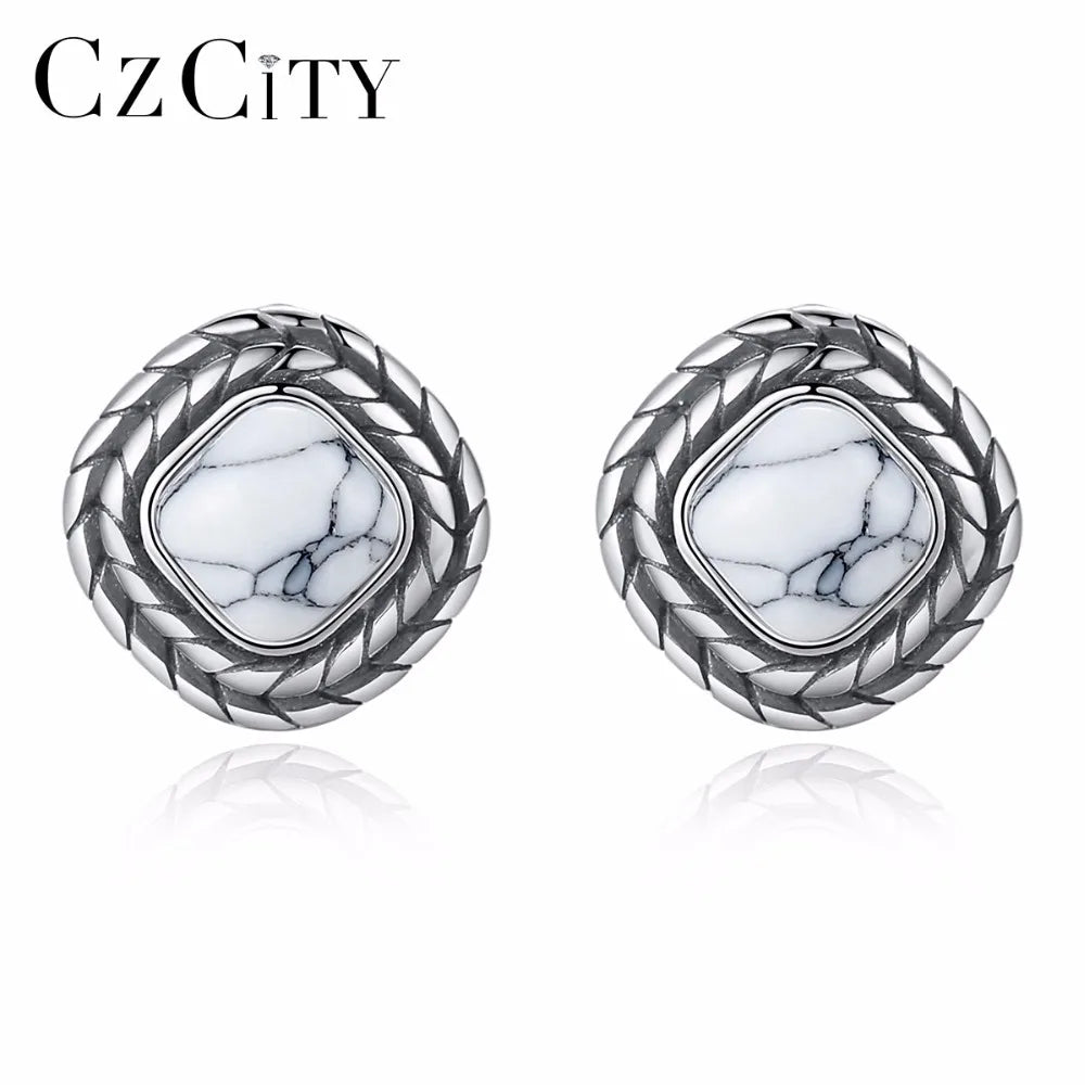 925 Silver Turquoise Stud Earrings Carving S925 Jewelry