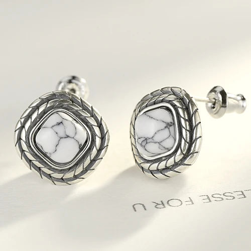 925 Silver Turquoise Stud Earrings Carving S925 Jewelry