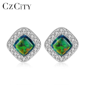 Sterling Silver Opal Stud Earrings Bohemian Rhombus Shape
