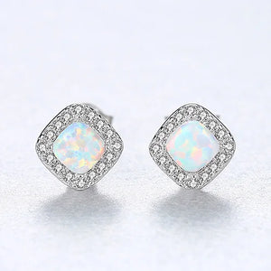 Sterling Silver Opal Stud Earrings Bohemian Rhombus Shape