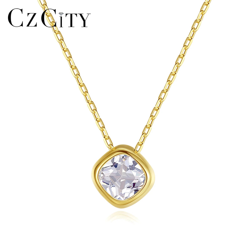 Square Zircon Pendant Necklace 925 Sterling Silver Women Charm Jewelry
