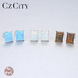 Square Fire Opal Stud Earrings 925 Sterling Silver