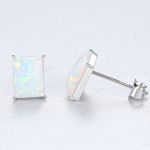 Square Fire Opal Stud Earrings 925 Sterling Silver