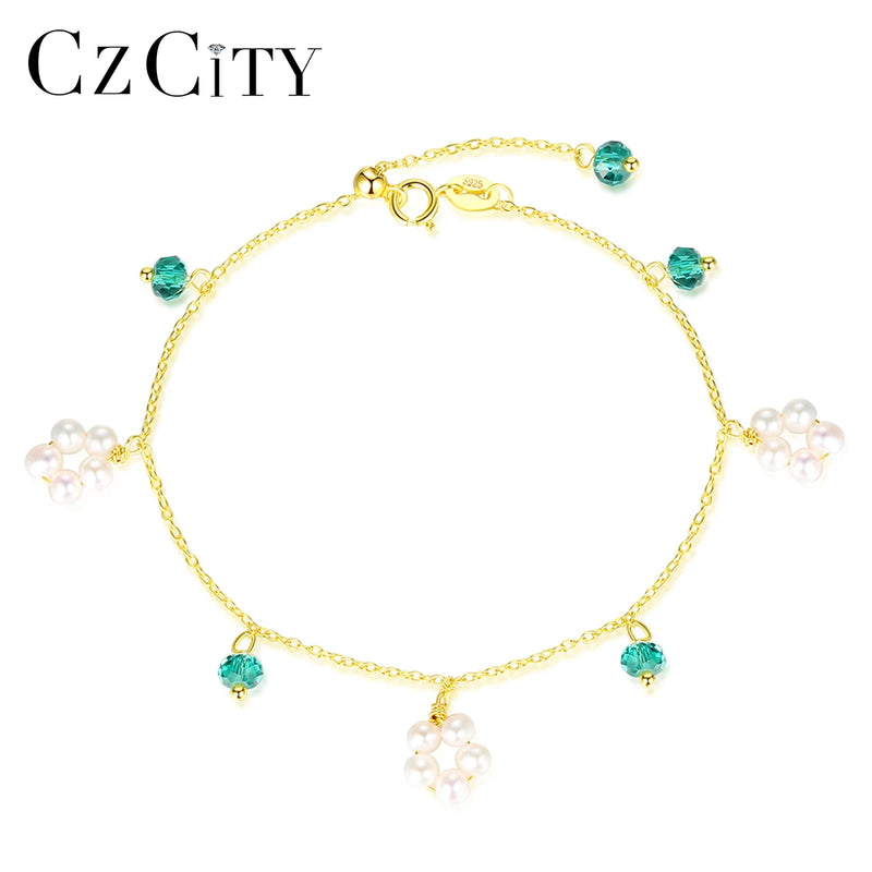 Bohemia 925 Silver Green Stone Natural Pearl Charms Bracelet for Women