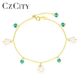 Bohemia 925 Silver Green Stone Natural Pearl Charms Bracelet for Women
