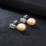 8-9mm Pearl Earring with Zircon Stone 925 Sterling Silver Drop Wedding Earrings